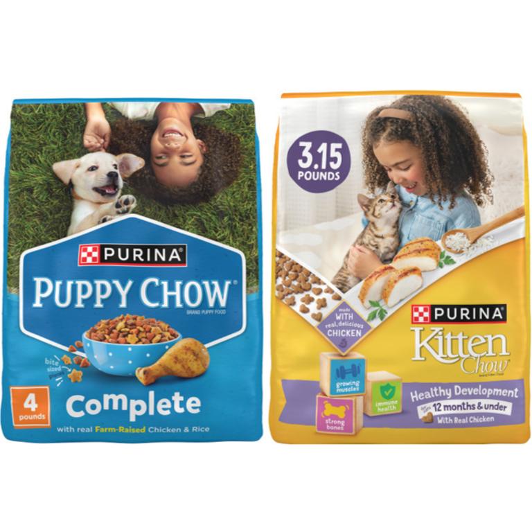 on ONE (1) 3.15 lb bag of Kitten Chow® Dry Cat Food or ONE (1) 4 lb bag of Puppy Chow® Dry Dog Food/