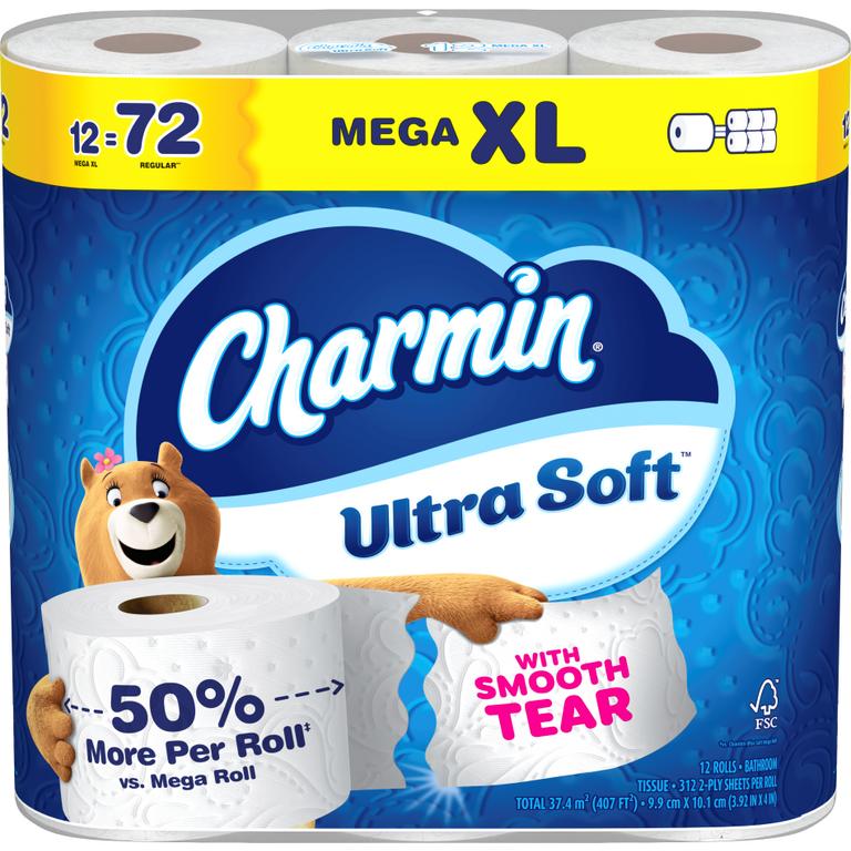 ONE Charmin Ultra Toilet paper product 16 count or larger. Including 12 Mega XL any Mega XXL pack sizes (excluding 24 Mega Roll, 30 Mega Roll pack sizes, Charmin Essentials, Charmin Forever Roll and trial/ travel size).
