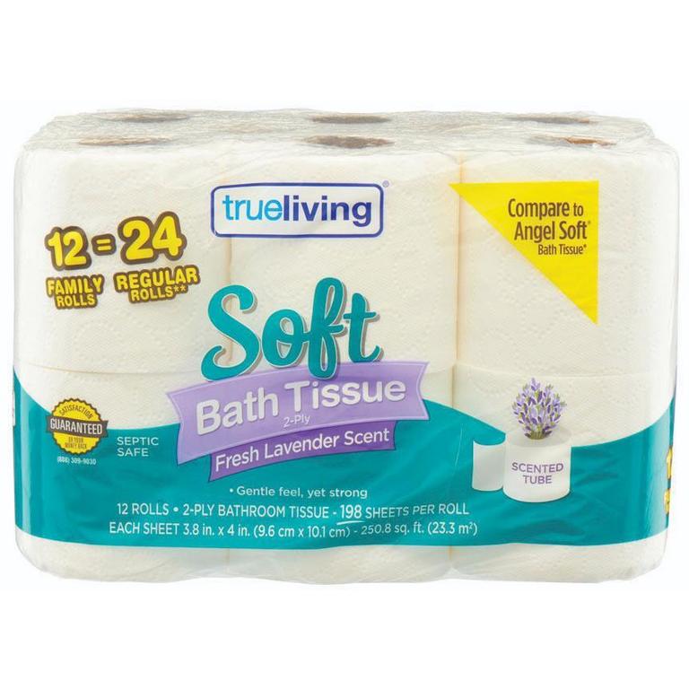 Save $0.25 on True Living Soft Bath Tissue Scented or Unscented 12 Fmaily Rolls, Paper Towels Essentials 6 Rolls or Flushable Wipes 3pk/