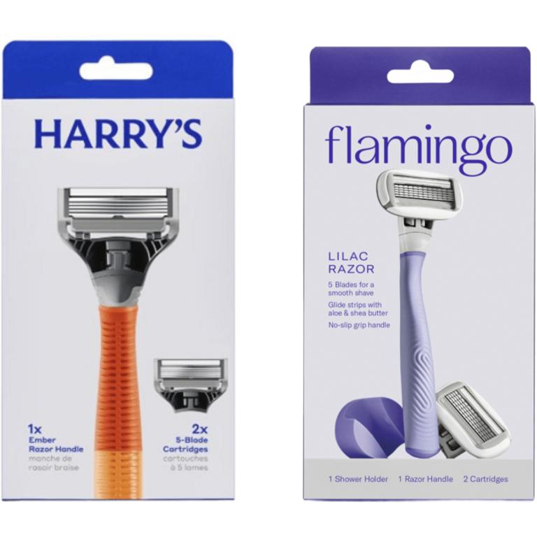 when you buy any TWO (2) Harry's Orange Handle Item or Flamingo Lilac Razor Item/