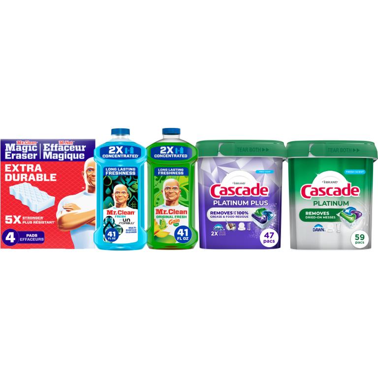 BUY 1 Cascade® Automatic Dishwasher Detergent ActionPacs Platinum 59 ct. or Platinum Plus 47 ct. GET 1 FREE Mr. Clean® Product Assorted up to $6/