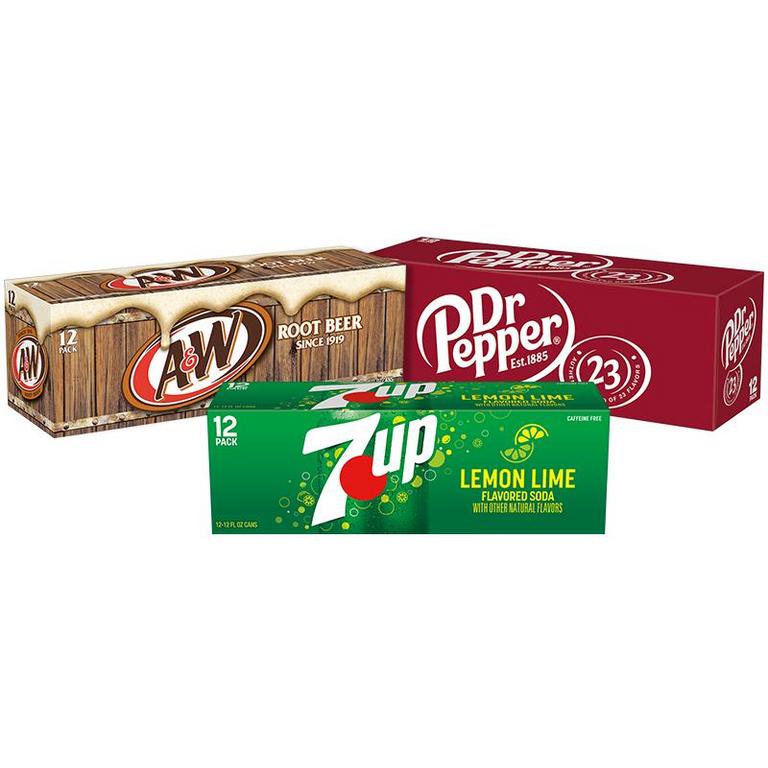 on THREE (3) 12-pack cans of any flavor* (Reg. or Zero Sugar) 7UP, A&W, Big Red, Canada Dry, Dr Pepper, RC Cola, Squirt, Sun Drop, Sunkist Soda, or Vernors *Flavors subject to availability/
