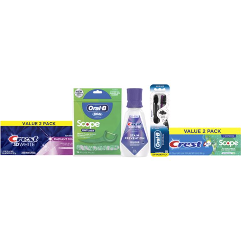 On Crest® Toothpaste 2.4 oz. or Larger or Oral-B® Picks 75 ct., Floss 40 yd. or Larger, Toothbrush 1-3 ct. or Mouthwash 16 oz. or Larger (excludes trial/travel size)