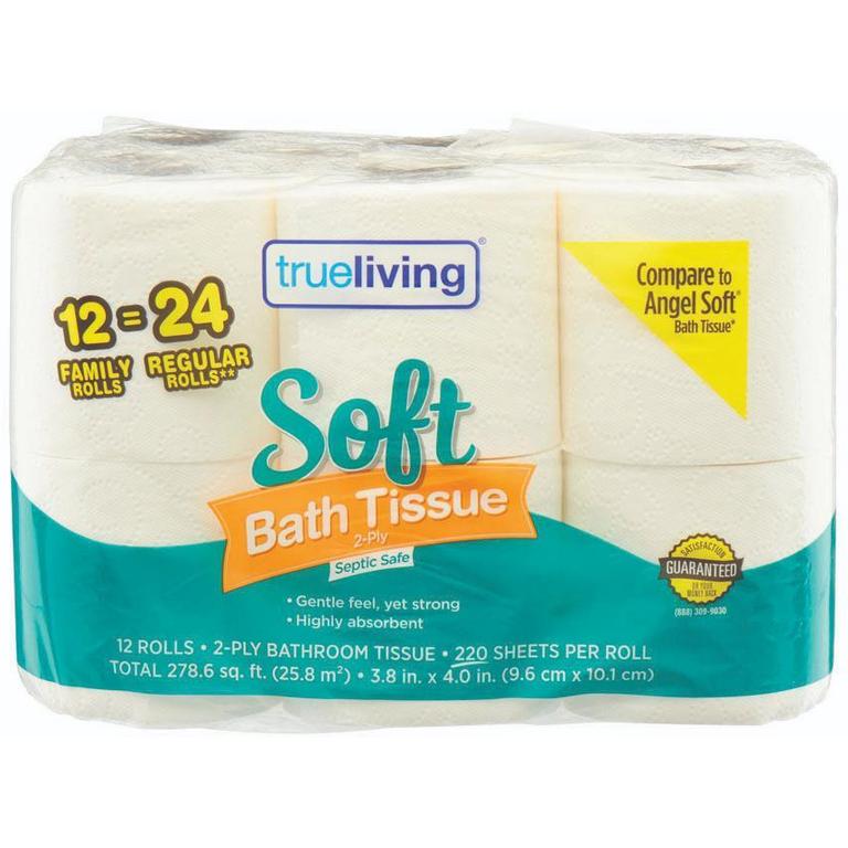 Save $0.25 on True Living Soft Bath Tissue Scented or Unscented 12 Family Rolls or Essentials Paper TOwels 6 Rolls/