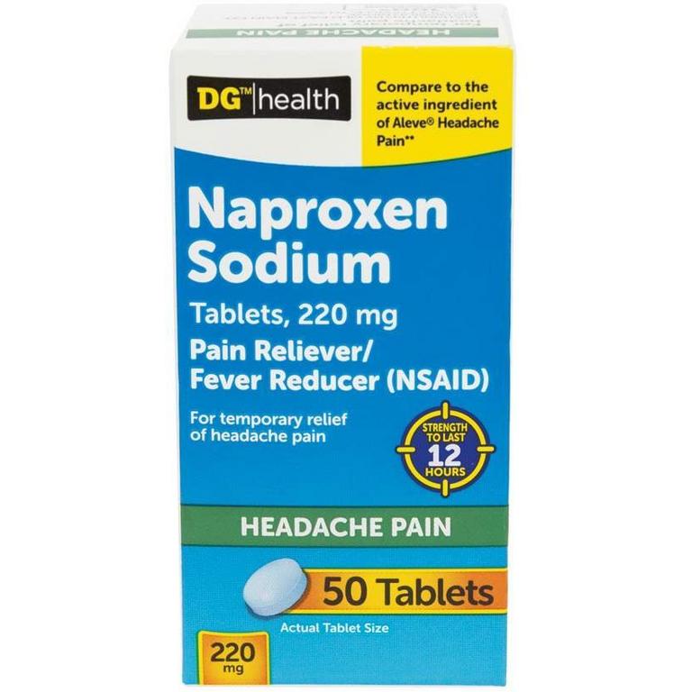 Save $0.75 on DG Health Naproxen Sodium Back & Muscle or Headache Relief 50ct or Migraine Relief caplets 50ct/