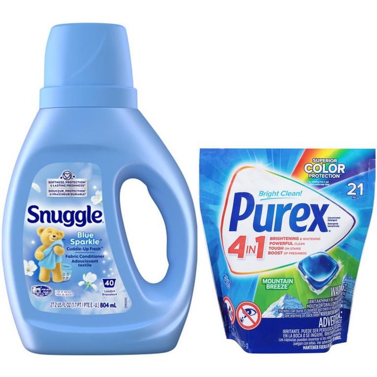 ONE (1) Snuggle Liquid (26.8-27.2oz), Sheets (70-80ct), Shakes (11.5oz), or Purex Unit Dose (17-21ct)/