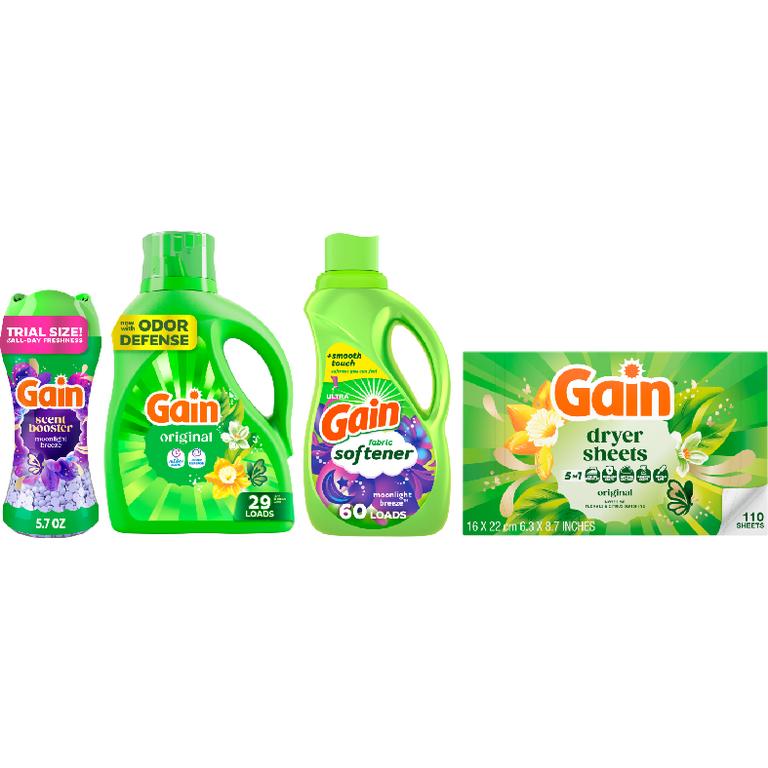 on ONE Gain® Liquid Laundry Detergent 29 Load/39 oz., Plus Liquid Laundry Detergent 24 Load/32 oz., Flings!™ 15 ct., Fireworks™ 5.7 oz., Liquid Fabric Softener 48-60 Load/35-44 oz. or Sheets 110 ct. Assorted Reg. $3.95-$5 ea.