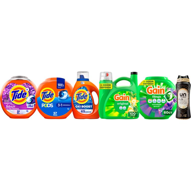 ONE Tide® Pods™ 57 ct., Power Pods™ 32 ct., Liquid Laundry Detergent 65 Load/92 oz., Gain® Flings!™ 60 ct., Liquid Laundry Detergent 100 Load/132 oz., Plus Liquid Laundry Detergent 75-89 Load/99-117 oz., Fireworks™ 21.1-24 oz. or Downy® Beads 21.1-24 oz. Assorted