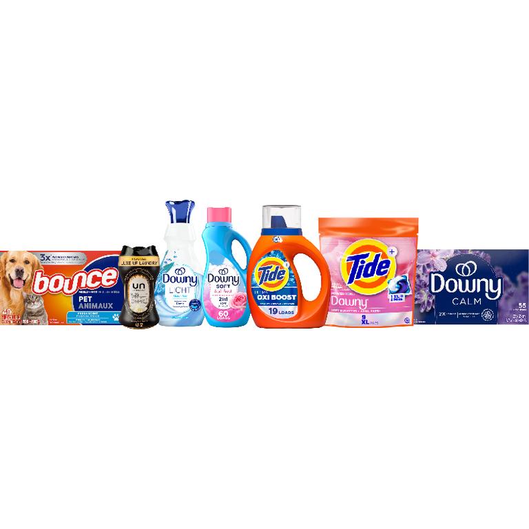 on ONE Tide® Liquid Laundry Detergent 19-23 Load/27-29 oz., Pods™ 14 ct. or Power Pods™ 9 ct., Downy® Beads 4.8-5 oz., Sheets 110 ct., Mega Sheets 55 ct., Liquid Fabric Softener 60 Load/44 oz., Ultra Soft Liquid Fabric Softener 39 Load/26 oz. or Bounce® Sheets 110 ct. or Mega Sheets 40 ct. Assorted Reg. $5