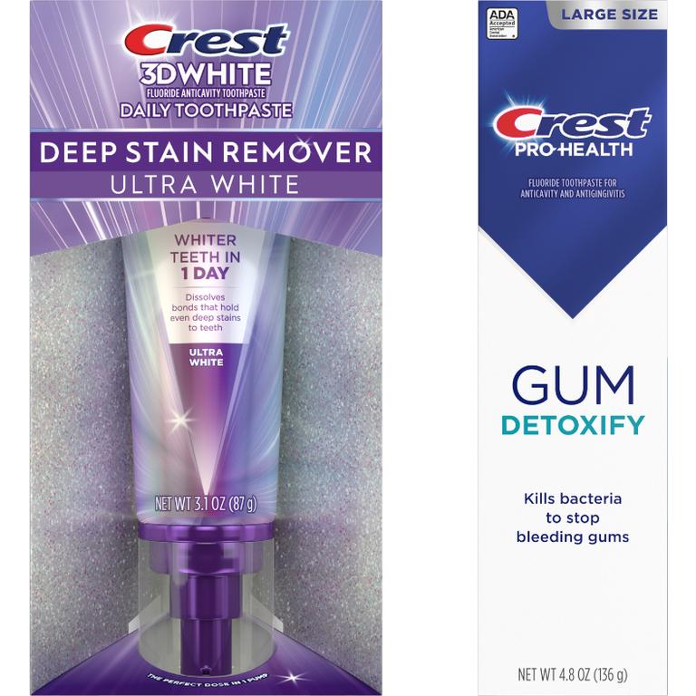 ONE Crest 3DWhite Brilliance, 3DWhite Whitening Therapy Charcoal, Crest Gum Detoxify, Crest Clean Breath, Gum & Whitening, Gum & Enamel Restore, Gum & Sensitive, Gum Recession 3.0 oz or larger (excludes all other variants, kids, and trial/travel size).