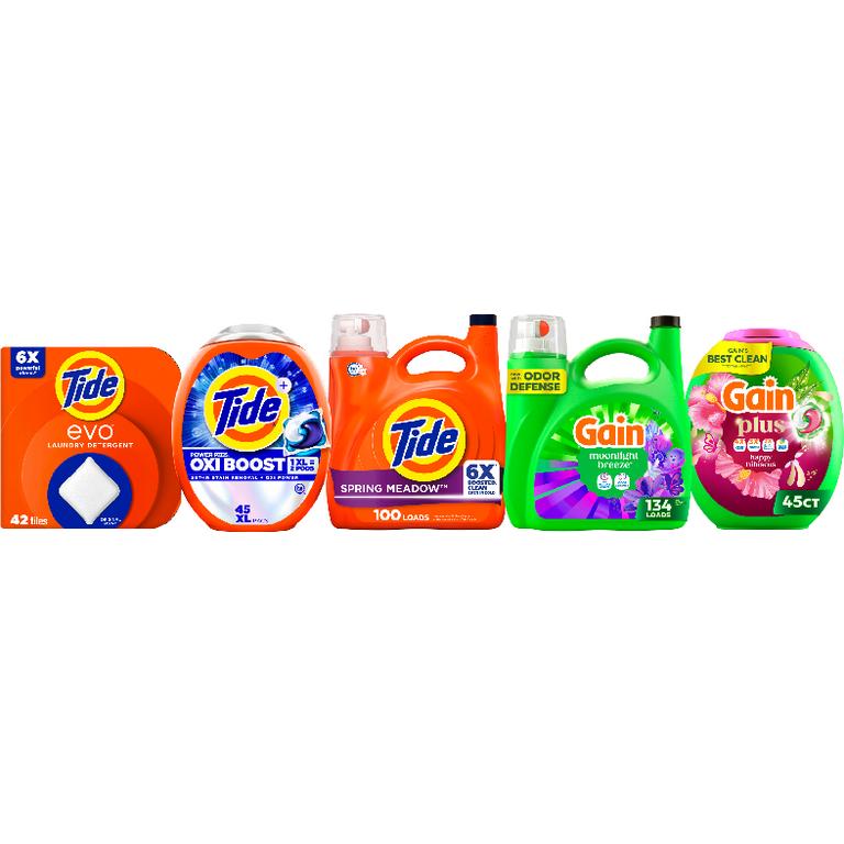 ONE Tide® Power Pods™ 45 ct. or Liquid Laundry Detergent 83-100 Load/117-125 oz. or evo™ 42 ct. or Gain® Plus Super Flings™ 45 ct. or Liquid Laundry Detergent 134 Load/177-194 oz. Assorted