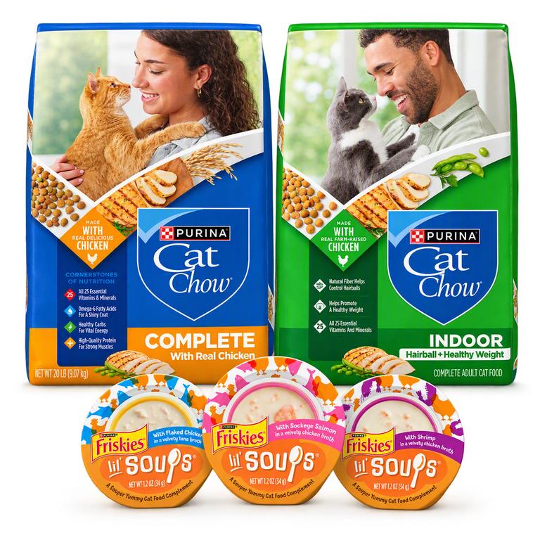 BUY 1 Purina® Cat Chow® Complete or Indoor 20 lb. GET 3 FREE Friskies® Lil’ SoupsTM 1.2 oz.