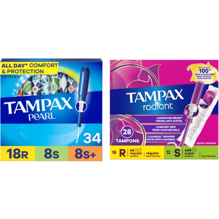 On THREE Tampax Tampons (28 Ct & Above) (excludes trial/travel size)