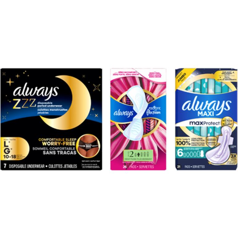 On THREE Always Pads (21 Ct & Above), Always Liners (92 Ct & Above), or Always ZZZs (excludes trial/travel size)