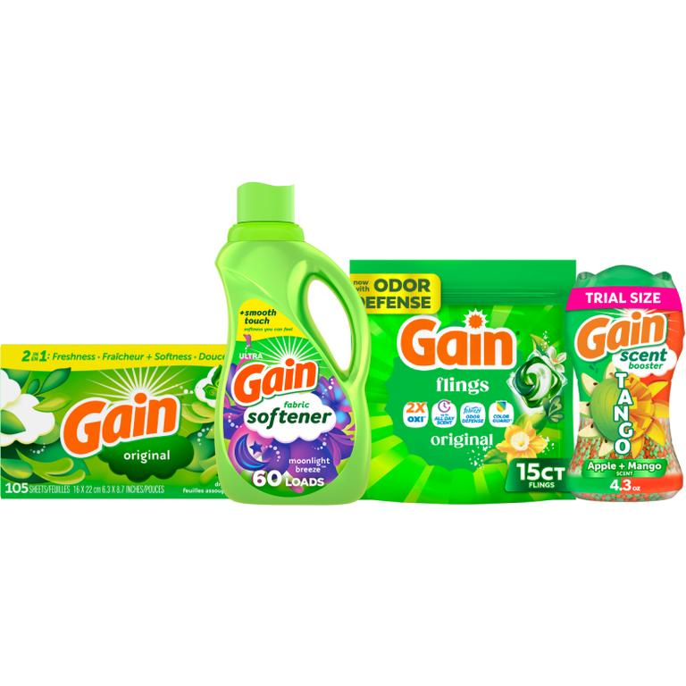 THREE Gain Fireworks 4.3-5 oz., Liquid Laundry Detergent 29 Load/39 oz., Flings 15 ct., Super Flings 9ct., Liquid Fabric Softener 60 Load/44 oz., Sheets 105 ct. Reg. $4.50-$5.00 ea. (Must buy 3 forms)/
