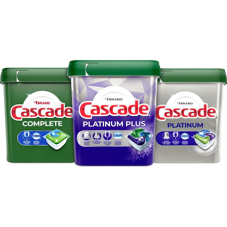 ONE Cascade Platinum Plus 47ct or greater, Platinum 59ct or greater, OR Complete 78ct or greater Dishwasher Detergent (exclude travel/trial size).