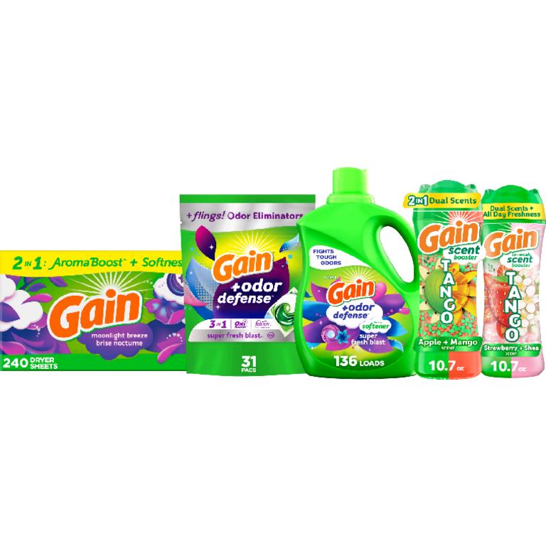 ONE Gain Liquid Laundry Detergent 61 Load/88 oz., Flings 31 ct., Super Flings 18 ct., Liquids Fabric Softener 136 Load/100 oz., Fireworks 10.7 oz. or 12.2 oz., or Sheets 240 ct. Reg. $9.95/