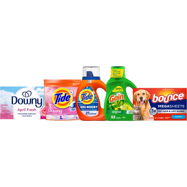 on ONE Tide Liquid Laundry Detergent 21-25 Load/30-32 oz, Pods 16 ct., Power Pods 9 ct., or Gain Liquid Laundry Detergent 32 Load/46 oz., Downy Sheets 105 ct., Mega Sheets 50 ct., Bounce Sheets 105 ct., or Pet Mega Sheets 50 ct. Reg. $5.50./