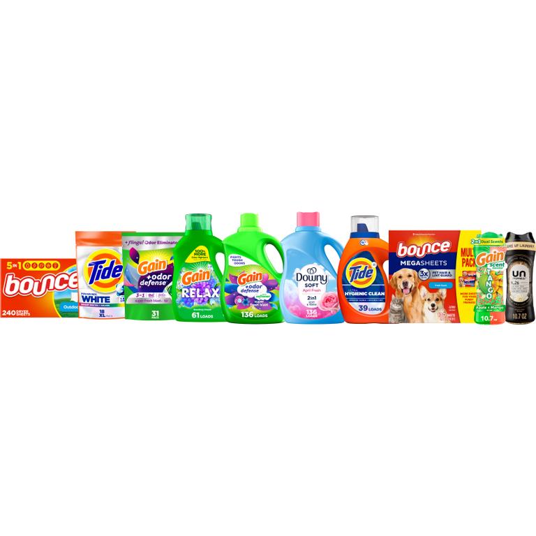 ONE Gain Liquid Laundry Detergent 61 Load/88 oz., Flings 31 ct., Super Flings 18 ct., Liquids Fabric Softener 136 Load/100 oz., Fireworks 10.7 oz. or 12.2 oz., Sheets 240 ct., or Tide Power Pods 18 ct., Pods 31 ct., Liquid Laundry Detergent 39-48 Load/55-63 oz., or Downy beads 10.7 oz. or  12.2 oz. or 13 oz., Liquid Fabric Softener 136 Load/100oz, Ultra Soft Liquid Fabric Softener 83 Load/56 oz, or Bounce Sheets 240 ct., or Pet Dryer Mega Sheets 130 ct. Reg. $9.95/