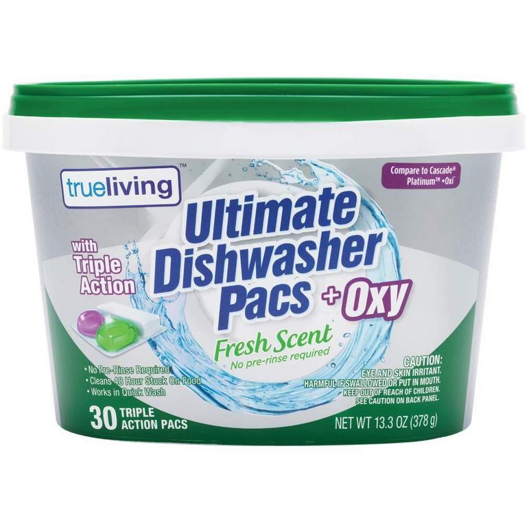 Save $0.50 on True Living Ultimate Dishwasher Pacs Oxy 30ct. or Fresh 38ct.
