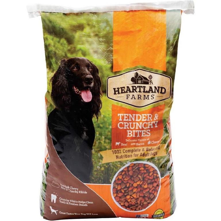 Save $0.50 on Heartland Farms Dog Food Tender & Crunchy or Beef & Chicken High Protein 12lb. or Steak & Vegetable or T-Bone & Bacon 15lb.