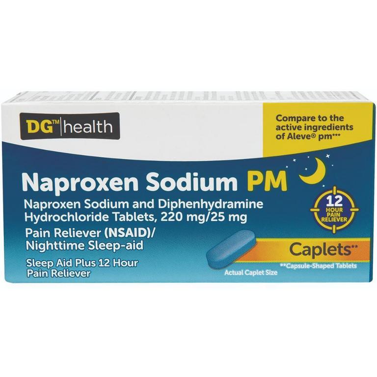 Save $2 on DG Health Naproxen Sodium PM Caplets 80ct or Back & Muscle Tablets 90ct, Dual Pain Reliever Tablets 72ct, Migraine Relief Caplets 100ct, Pain Relief Caplets or Ibuprofen Brown Tablets 500ct
