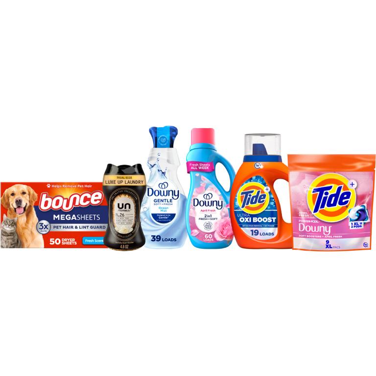 TWO Tide® Liquid Laundry Detergent 19-25 Load/27-32 oz., Pods™ 14-16 ct., Power Pods™ 9ct., or Downy® Beads 4.8-5.0 oz., Sheets 105 ct., Mega Sheets 50 ct., Liquid Fabric Softener 60 Load/44 oz., Ultra Soft Liquid Fabric Softener 39 Load/26 oz., or Bounce® Sheets 105 ct., Mega Sheets 50 ct. Assorted. Reg. $5.00-$5.50. Must buy 2.