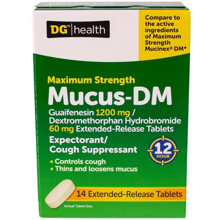 Save $1 on DG Health Mucus Relief or Mucus Releif DM 60-1200mg 14-20ct