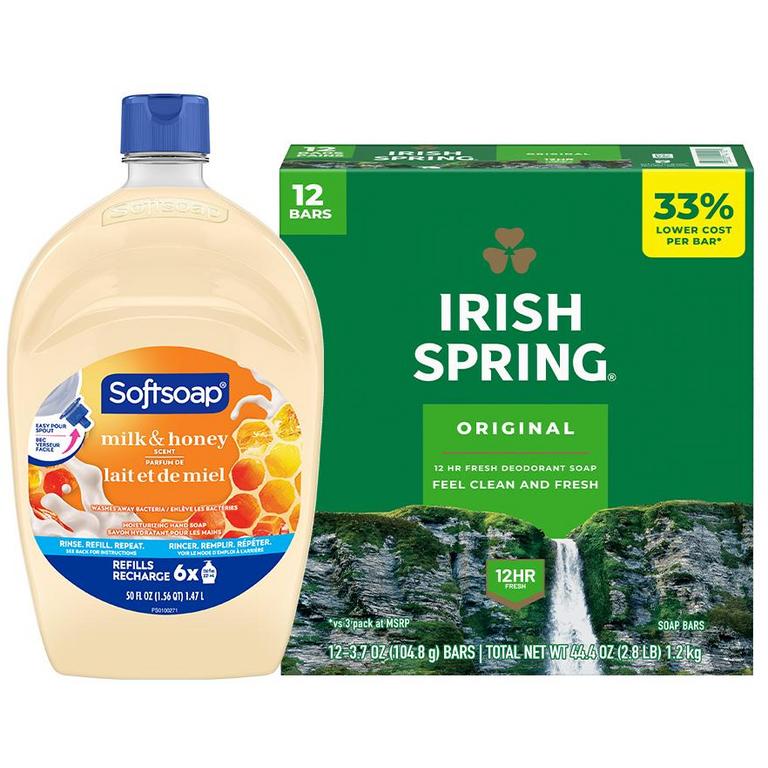 On any ONE (1) Softsoap Liquid Hand Soap Refill (50oz ONLY) or Irish Spring Bar Soap Multipack (6ct or larger)/
