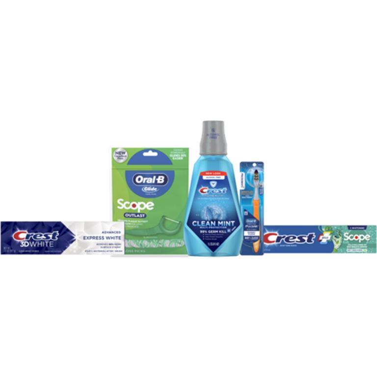 On TWO Crest Toothpaste 2.4oz. Or larger, Mouthwash 16oz or larger, Oral-B Toothbrushes 1-2ct., Floss 40M or Picks 75ct. (excludes trial/travel size)/