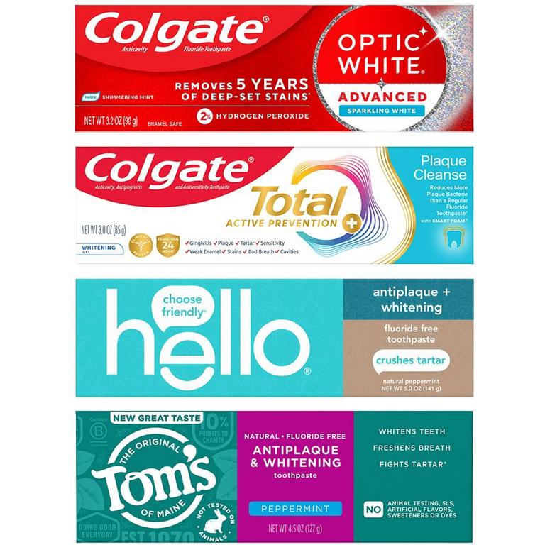 On any TWO (2) Colgate Optic White Advanced, Purple, Charcoal, Sensitivity Relief, Total Gum Protect, Plaque Cleanse, Sensitivity Mineral Shield, Tom's of Maine or hello Adult Toothpastes