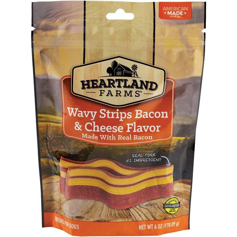 Save $0.50 on Heartland Farms Dog Treats Wavy Strips Bacon or Jerky Sticks/