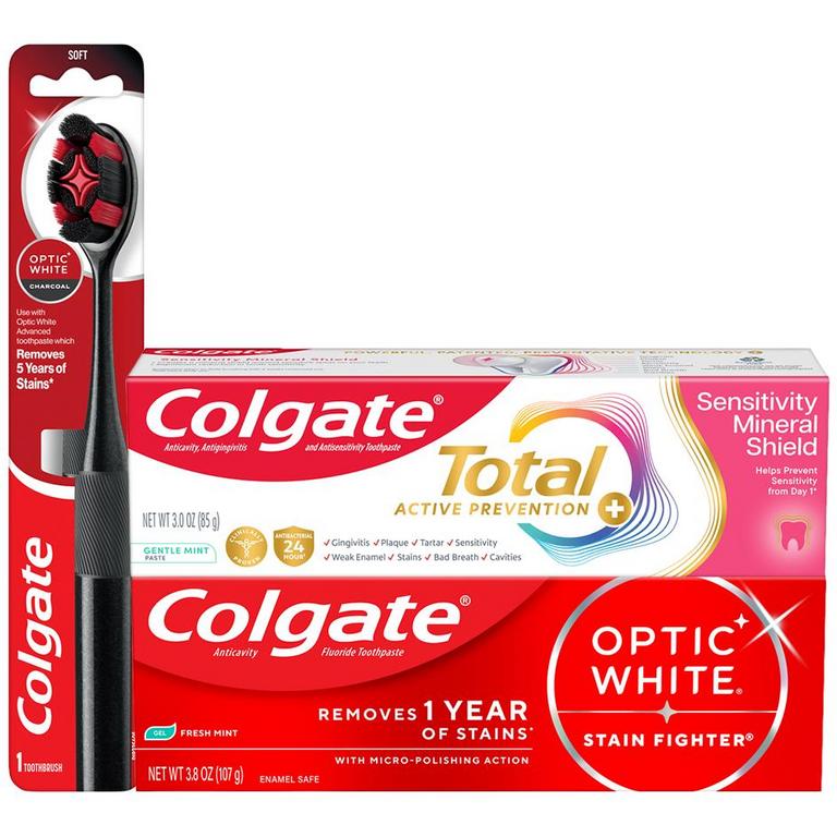 On any THREE (3) Colgate Max Fresh, Total, hello, Optic White, Kids Bluey, Kids Harry Potter or Sensitive Toothpastes (3.0oz or larger; excludes Optic White Pro Series Toothpaste) or Colgate 360°, Optic White or Total Manual or Battery Powered Toothbrushes (1-2ct), or Mouthwashes (8.4oz or larger)