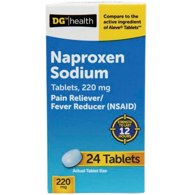 Save $1 on DG Health Naproxen Sodium Tablets, Headache Pain Tablets or Back & Muscle Pain Tablets 24ct, or Headache Relief Extra Strength Geltabs 20ct/