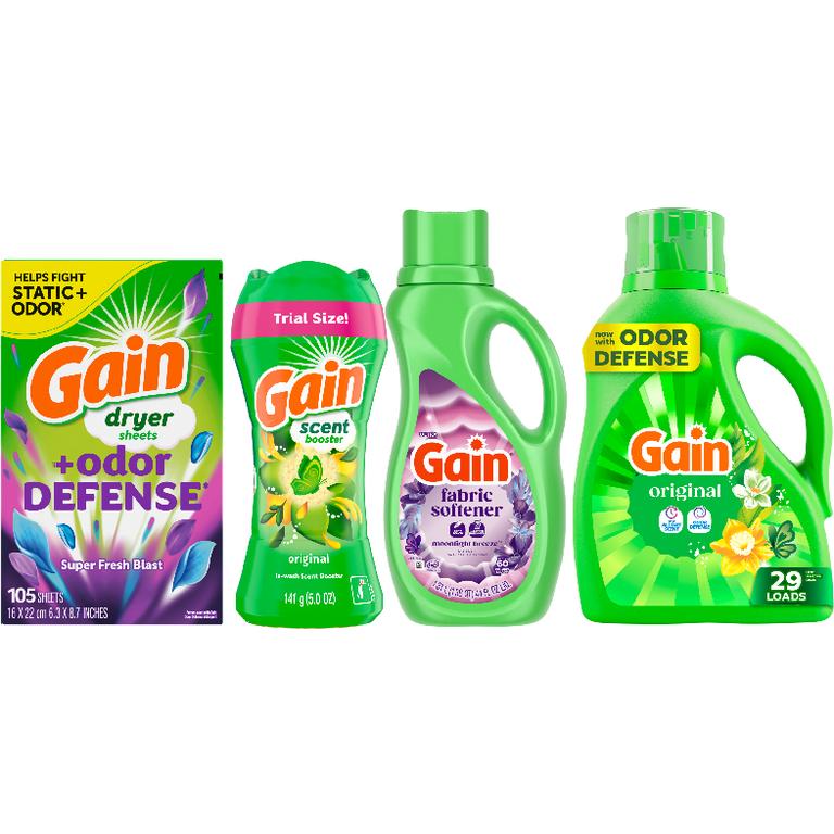 THREE Gain® Liquid Laundry Detergent 29-32 Load/39-46 oz., Flings!™ 15 ct., Fireworks™ 4.3-5 oz., Liquid Fabric Softener 48-60 Load/35-44 oz., or Sheets 105 ct. Assorted. Reg. $3.95-$5.00 ea. Must buy 3.