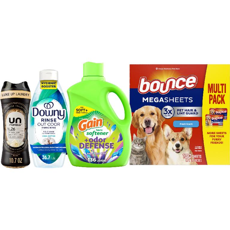 ONE Gain® Liquid Fabric Softener 136 Load/100 oz., Sheets 240 ct., Rinse 36.7 oz. or Downy® Liquid Fabric Softener 136 Load/100 oz, Ultra Soft Liquid Fabric Softener 83 Load/56 oz., Beads 10.7-13 oz., Rinse 36.7 oz., or Bounce® Sheets 240 ct., Mega Sheets 130 ct. Assorted