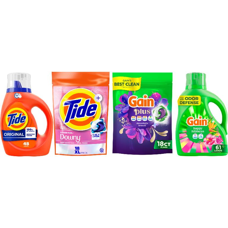 on ONE Gain® Liquid Laundry Detergent 61 Load/81 oz., Flings!™ 31 ct., Plus Super Flings!™ 18 ct., or Tide® Liquid Laundry Detergent 39-48 Load/55-63 oz., Pods™ 31 ct., Power Pods™ 18 ct. Assorted