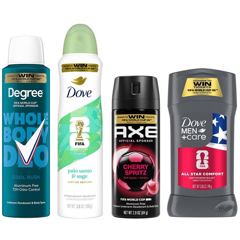 on any TWO (2) FIFA World Cup Branded Dove, Dove Men+Care, Axe, or Degree Deodorant Products (excludes Any non-FIFA branded Items, Degree Twin Packs, & Degree 2.6 oz Sticks)/