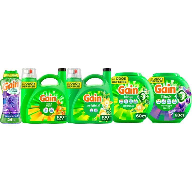 ONE Gain Flings 60 ct., Fireworks 21.1-24 oz., Liquid Laundry Detergent 100 Load/132 oz. Reg. $15.95/
