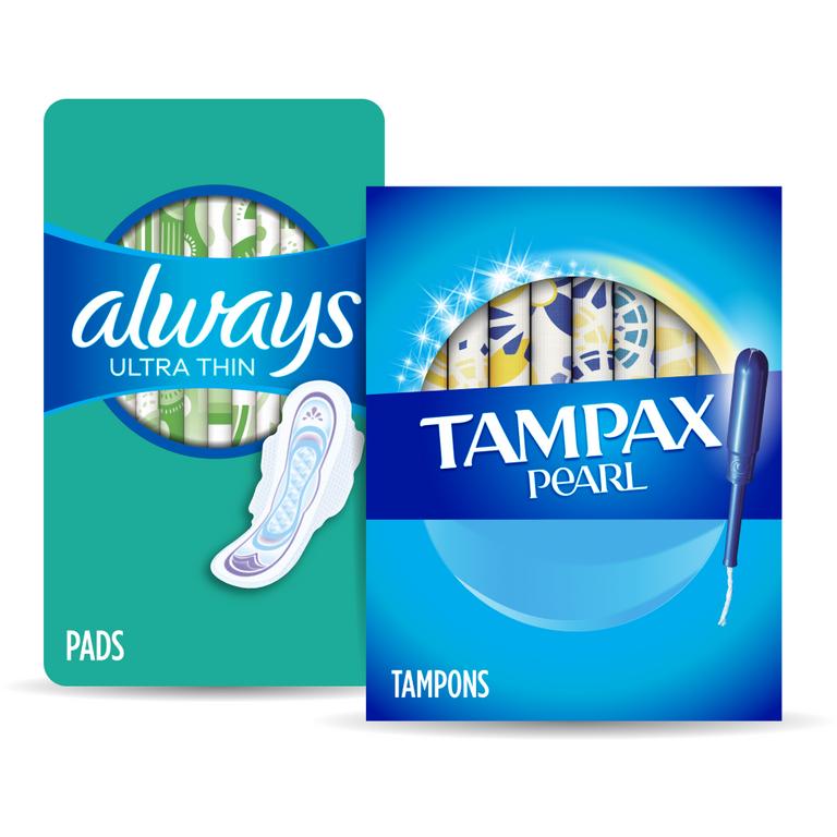 TWO Tampax Tampons (12ct to 20ct), Always Pads (10ct to 22ct), or Always Liners (40ct to 72ct).