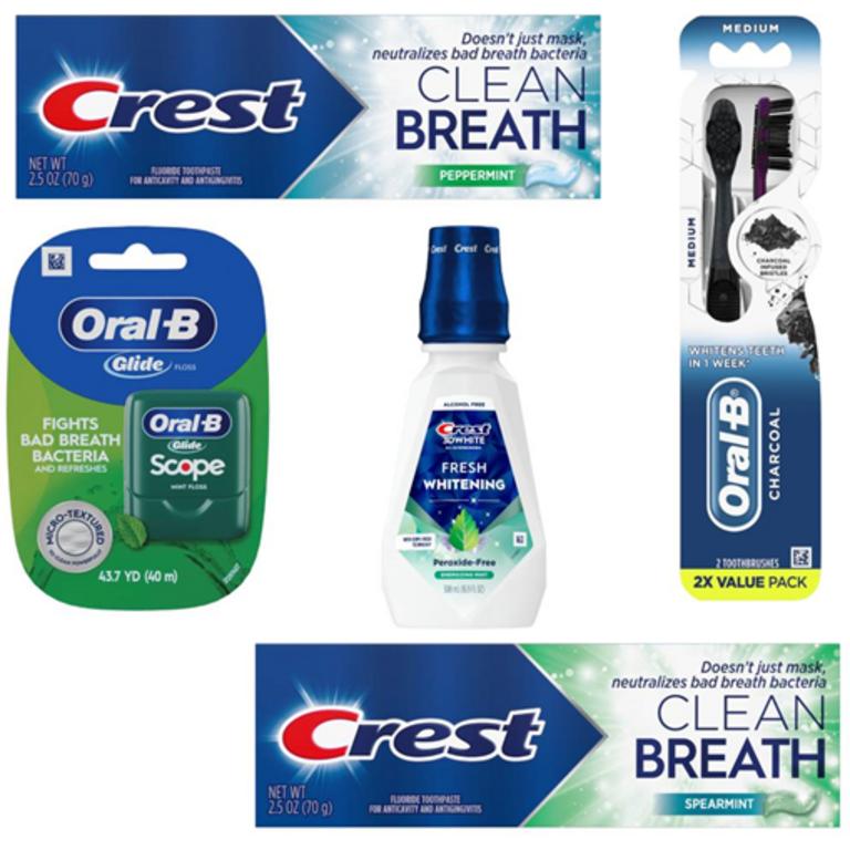 On THREE Crest Toothpaste 2.4 -16.2oz, Mouthwash 16.9 - 33.8oz, Scope Mouthwash 473ml or larger or Oral-B or Glide Manual Toothbrush 1- 4ct, Floss 43.7yd or Floss Picks 75ct (excludes trial/travel size)