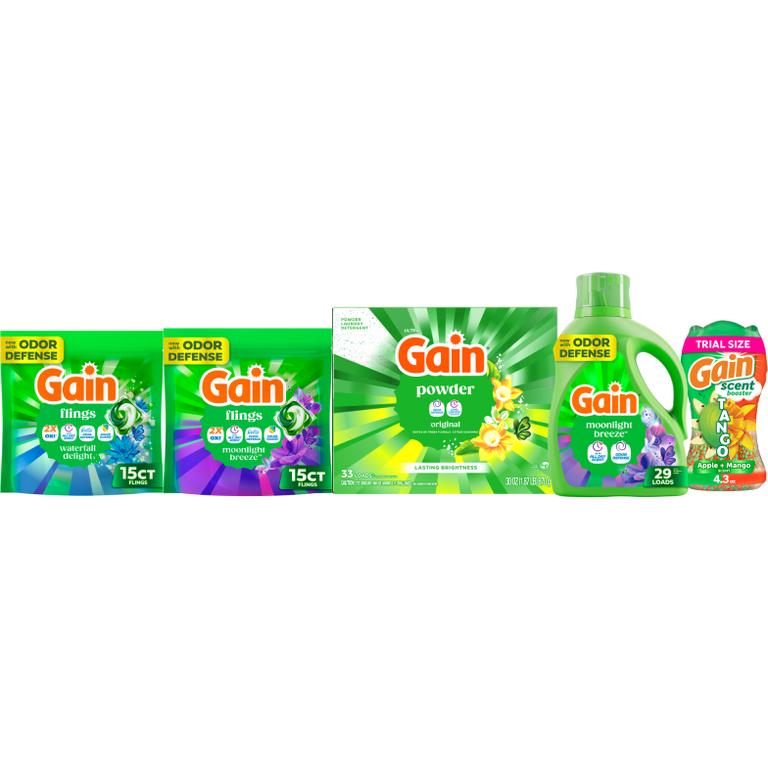 on ONE Gain® Liquid Laundry Detergent 29-32 Load/39-46 oz., Flings!™ 15 ct., Powder Detergent 33 Load/30 oz., Liquid Fabric Softener 60 Load/35-44 oz., Fireworks™ 4.3-5 oz., Sheets 105 ct. Assorted. Reg. $3.95-$5.50