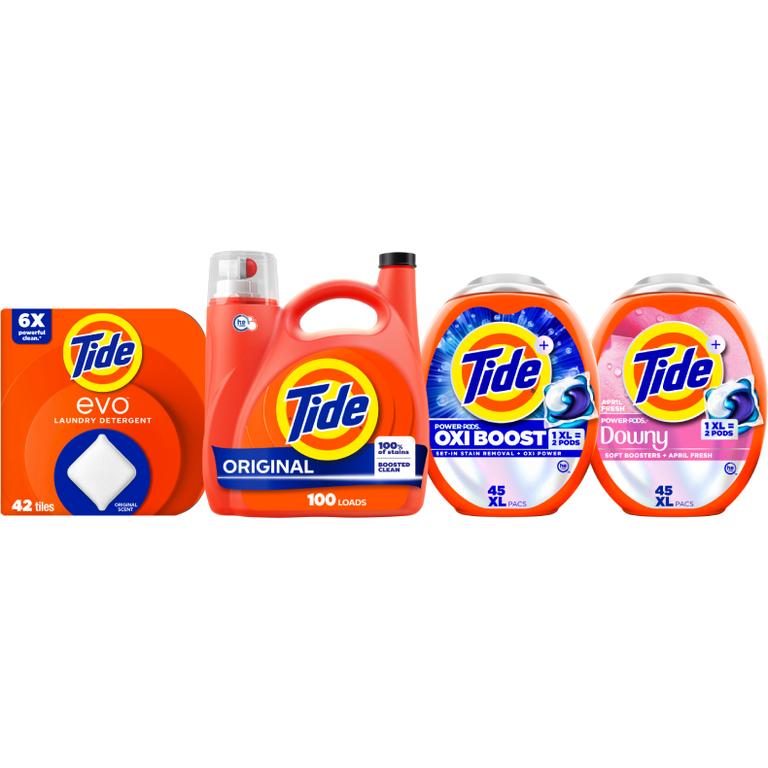 on ONE Tide® Power Pods™ 45 ct., Liquid Laundry Detergent 83-100 Load/117-125 oz., evo™ 42ct Assorted