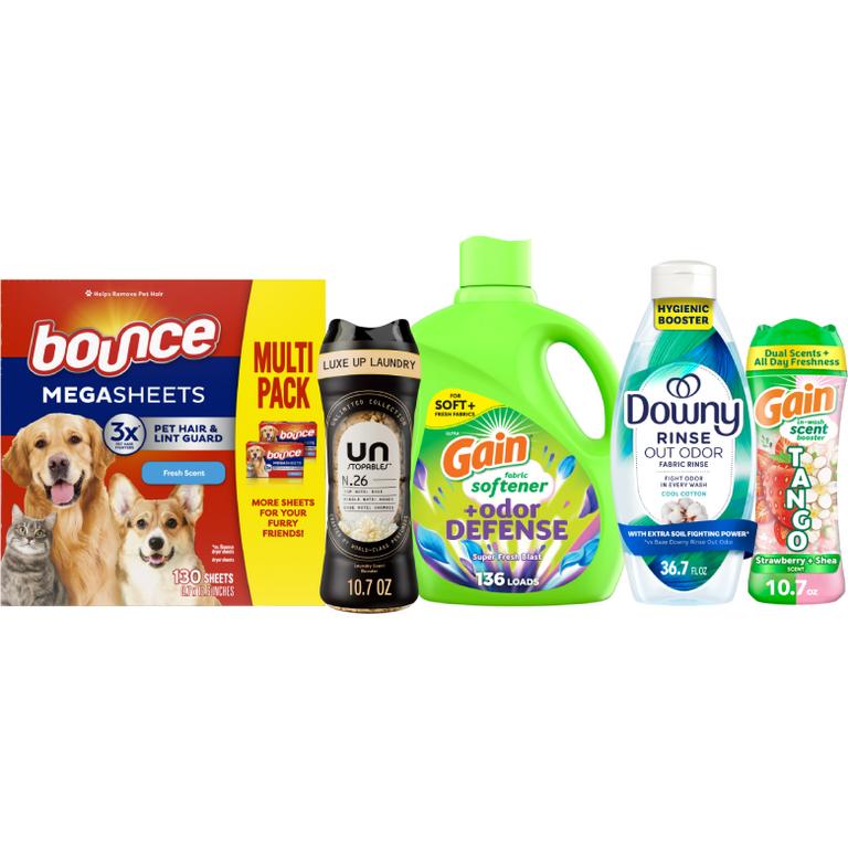 on ONE Gain® Liquid Fabric Softener 136 Load/100 oz., Fireworks™ 10.7-12.2 oz., Sheets 240 ct., Rinse 36.7 oz. or Downy® Liquid Fabric Softener 136 Load/100 oz, Ultra Soft Liquid Fabric Softener 83 Load/56 oz., Beads 10.7-13 oz., Rinse 36.7 oz., or Bounce® Sheets 240 ct., Mega Sheets 130 ct. Assorted