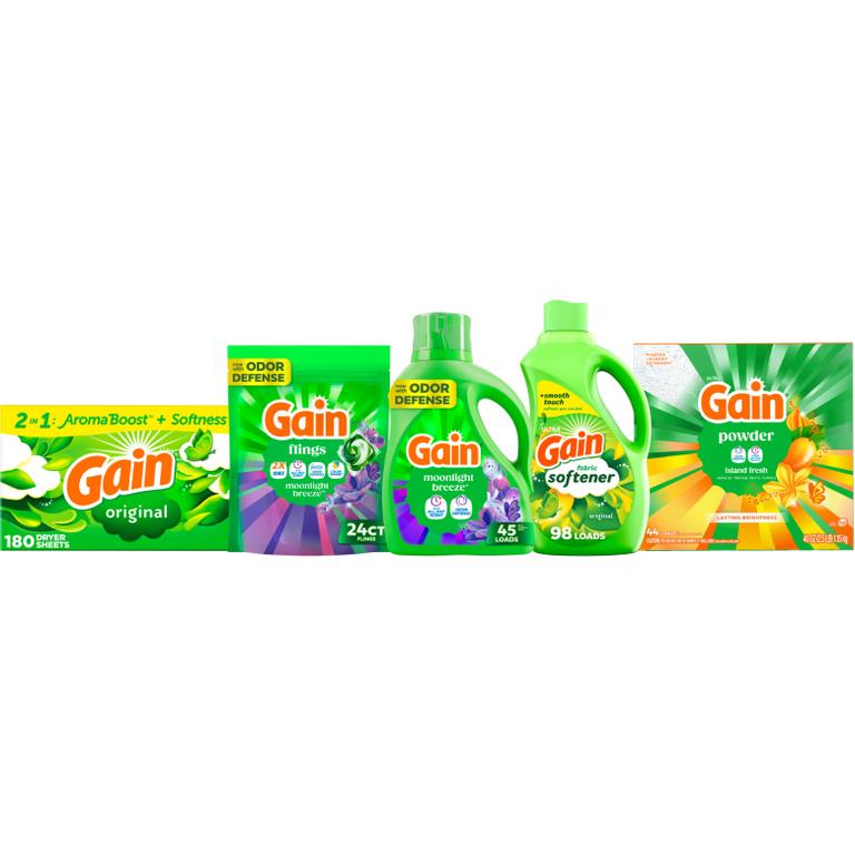 ONE Gain Flings 24 ct., Liquid Laundry Detergent 45 Load/60 oz., Liquid Fabric Softener 98 Load/72 oz., Sheets 180 ct., Powder Detergent 44 load/40 oz. Reg. $7.50