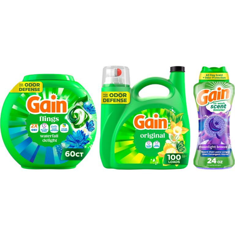 ONE Gain Flings 60 ct., Fireworks 21.1-24 oz., Liquid Laundry Detergent 100 Load/132-144oz. Reg. $15.95