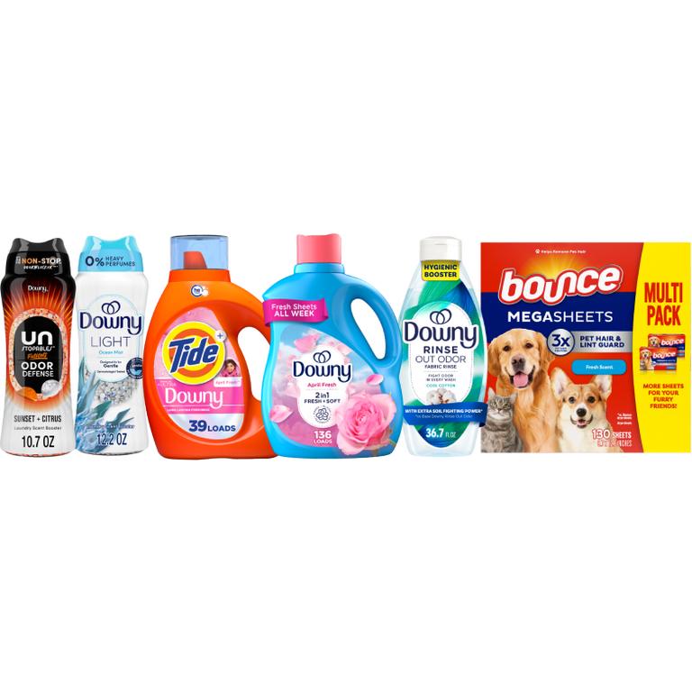 on ONE Tide Power Pods 18 ct., Pods 31 ct., Liquid Laundry Detergent 39-48 Load/55-63 oz., or Downy beads 10.7-13 oz., Liquid Fabric Softener 136 Load/100oz, Ultra Soft Liquid Fabric Softener 83 Load/56 oz., Rinse 36.7oz., or Bounce Sheets 240 ct., Mega Sheets 130 ct. Reg. $9.95