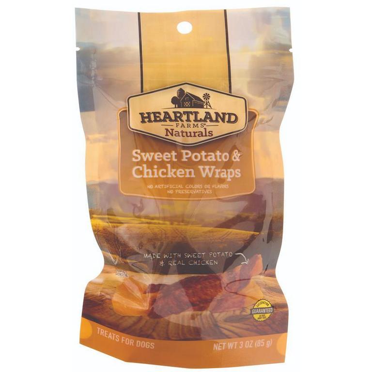 Save $0.50 on Heartland Farms Dog Treats Peanut Butter Chicken Wrapped Biscuits 4.5oz., Sweet Potato & Chicken Wrap 3oz., Chicken or Duck Jerky 2.5oz. or Peanut Butter Stuffed Hoof 1ct.