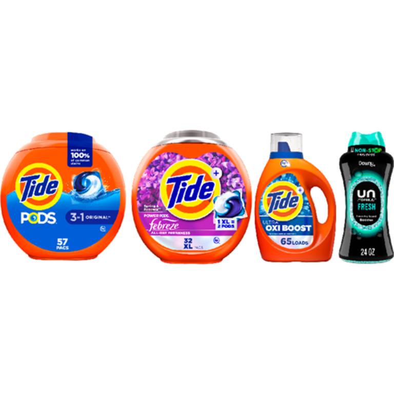 On ONE Tide® Pods 57 ct., Power Pods 32 ct., Liquid Laundry Detergent 65 Load/ 92 oz., or Downy® Beads 21.1-24 oz. Assorted (excludes trial/travel size)