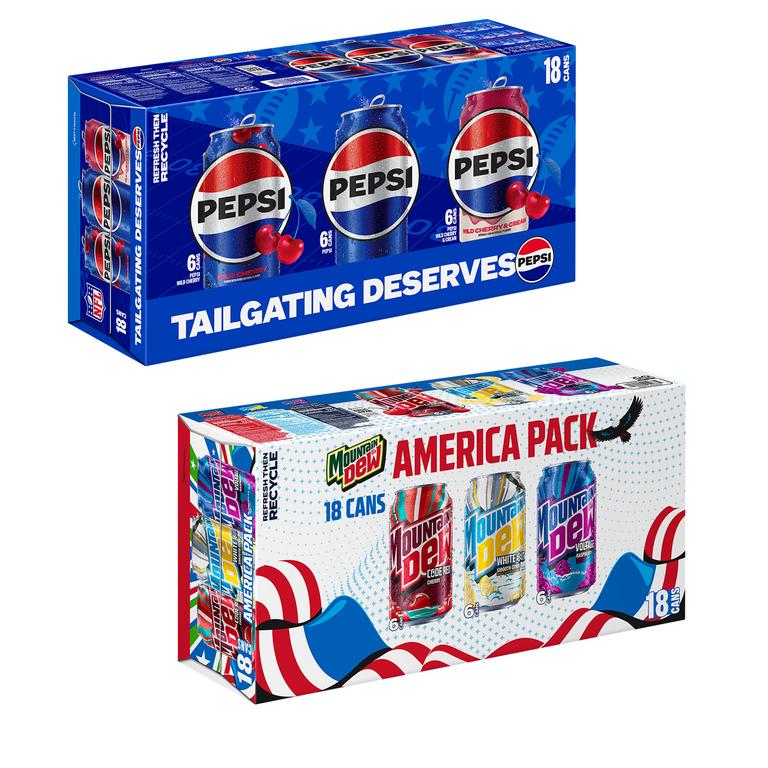 On ONE (1) PEPSI NFL Tailgate or MOUNTAIN DEW America Limited Edition 18pk Variety Pack. While supplies last in participating locations.